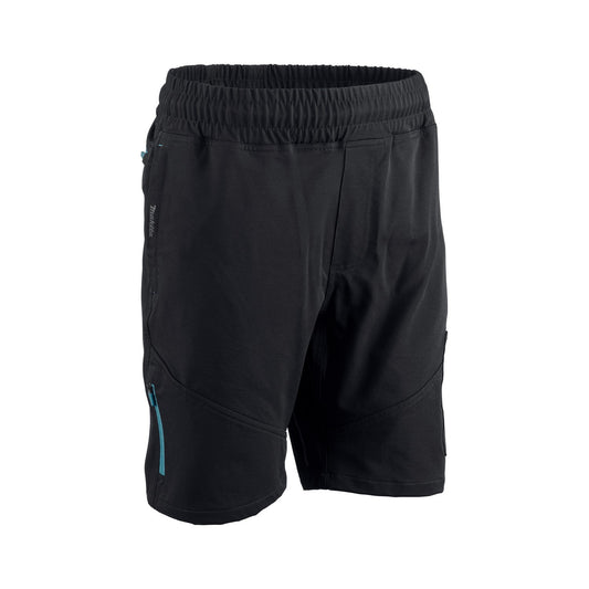 Black Makita Axis 4-way stretch work shorts featuring an elasticated waistband, secure teal-accented zip pockets, and durable technical fabric