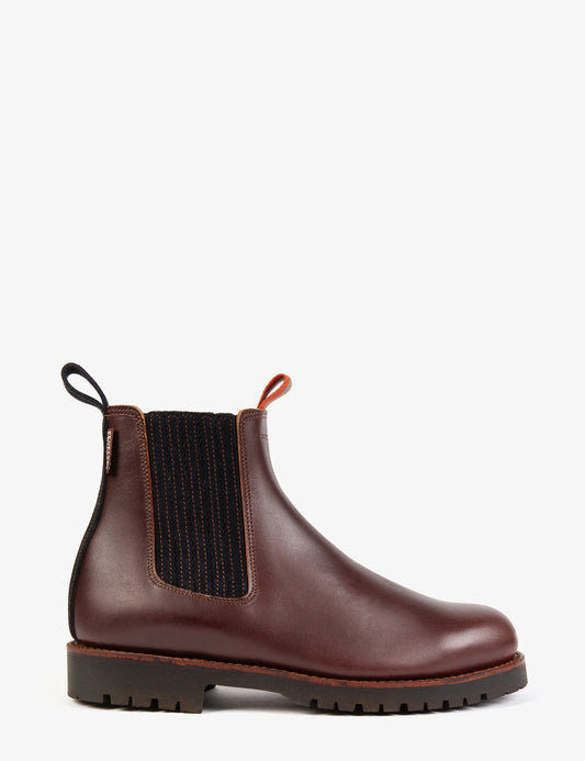 Penelope Chilvers Oscar conker leather wool lined Chelsea boot with navy elastic gusset and commando rubber sole