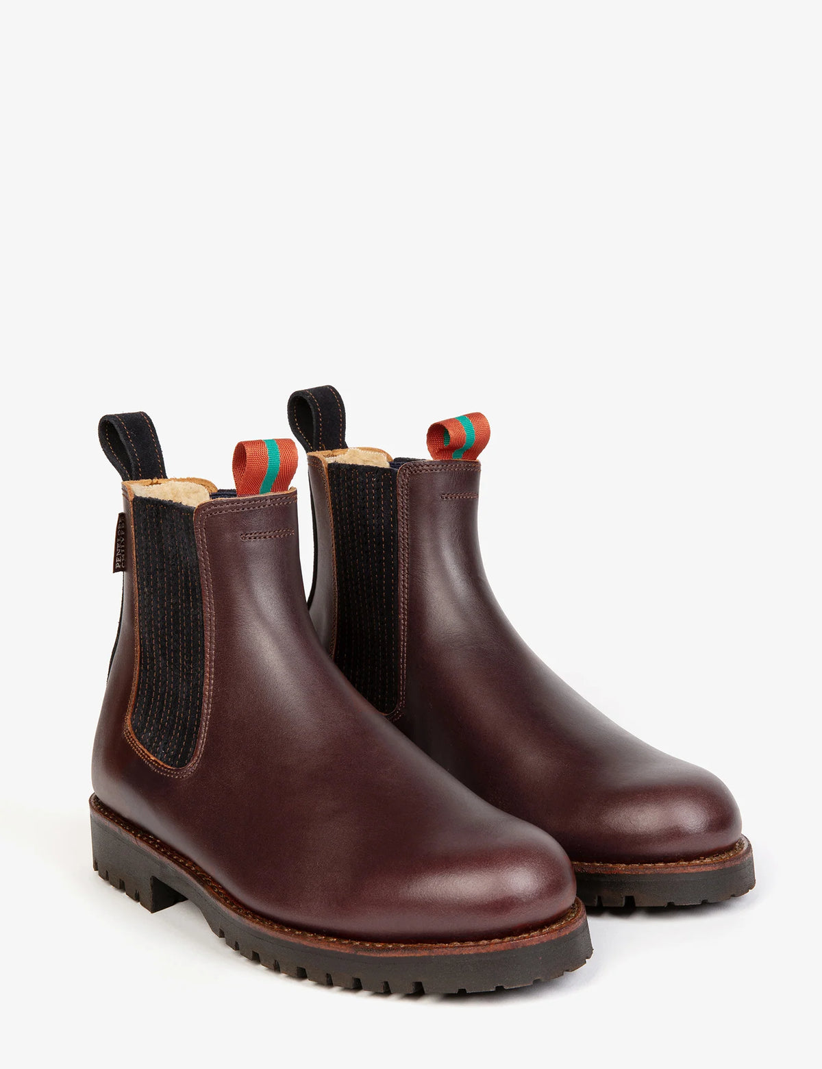 Penelope Chilvers Oscar conker leather wool lined Chelsea boot with navy elastic gusset and commando rubber sole