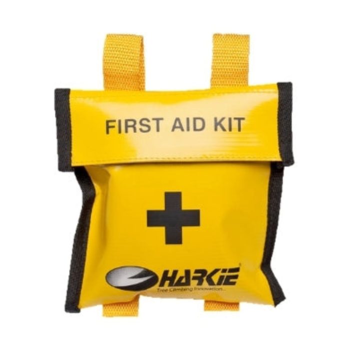 Harkie Personal First Aid Kit in water-resistant vinyl pouch with harness attachment straps and emergency contents