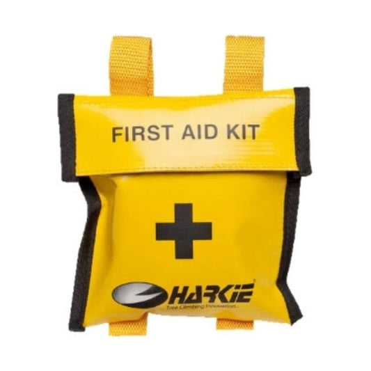 Harkie Personal First Aid Kit in water-resistant vinyl pouch with harness attachment straps and emergency contents