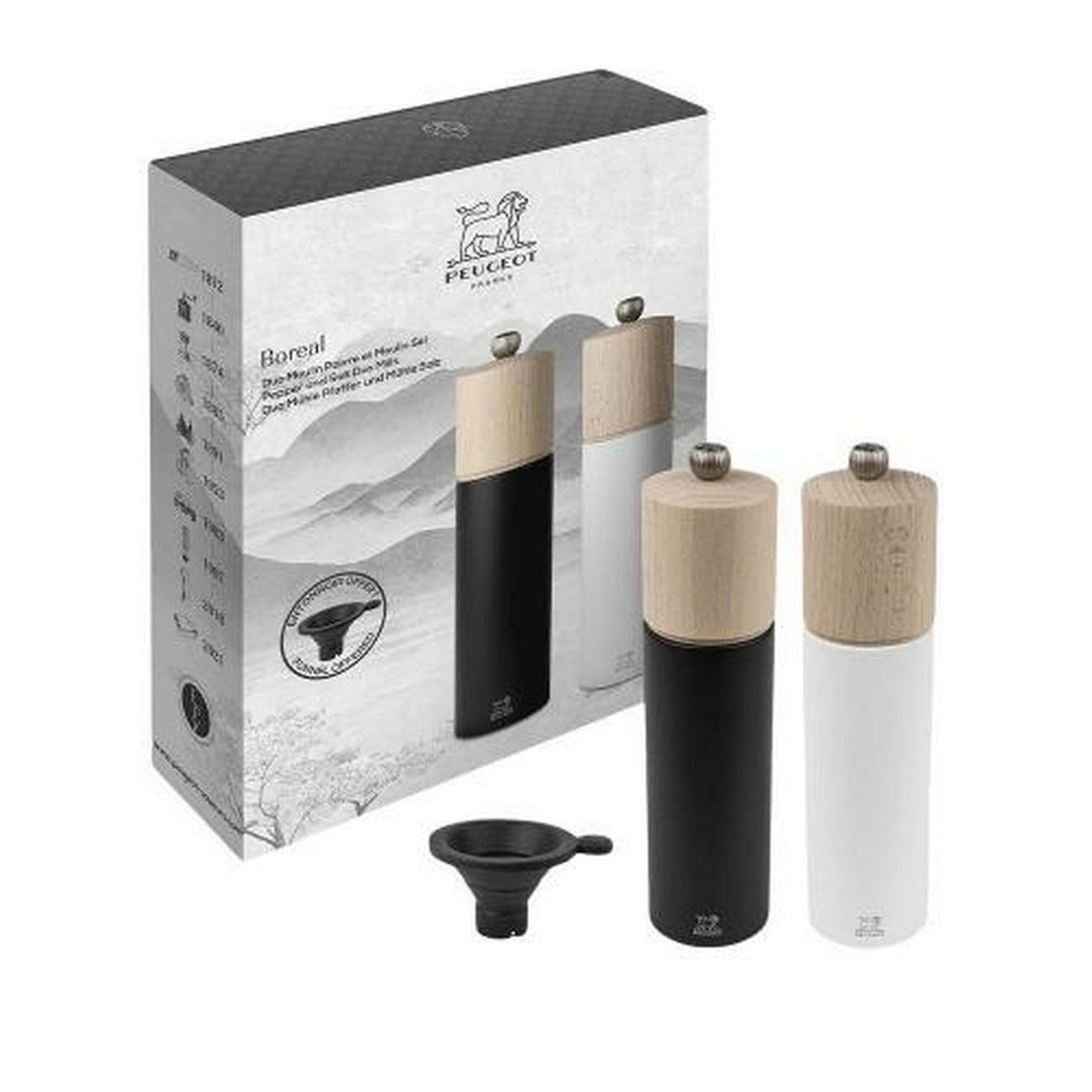 Peugeot Boreal black and white salt and pepper mill set made from French beech wood with silicone spice funnel