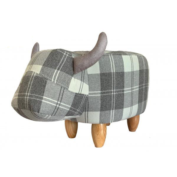 Gardeco Maisie grey tartan cow footstool with screw-on wooden legs and velvet anti-scratch pads.