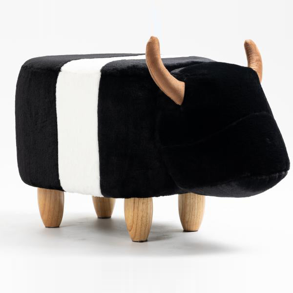 Gardeco Beltie black and white belted cow velvet footstool with four wooden legs.