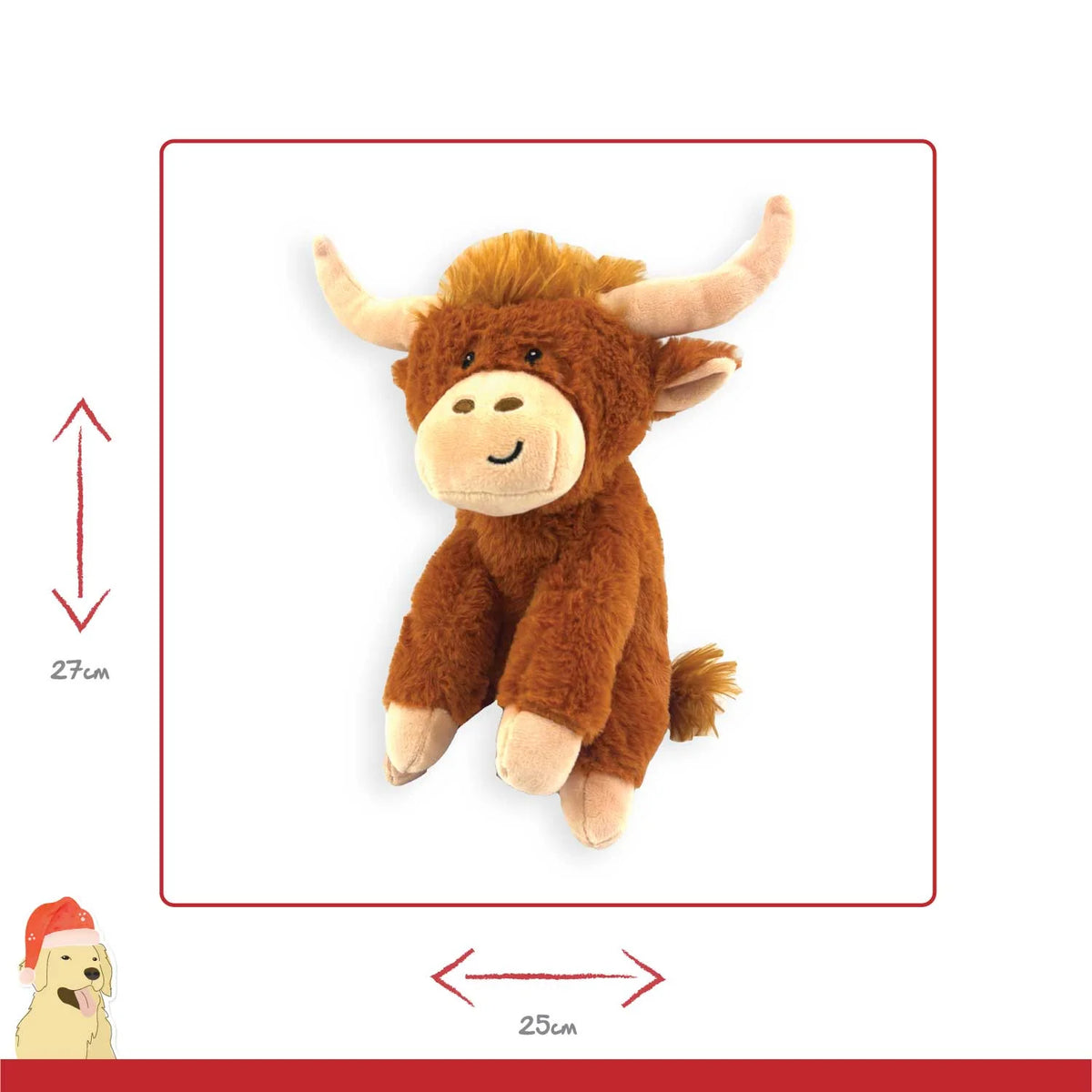 Happy Pet Herby Highland Cow plush Christmas dog toy with squeaker
