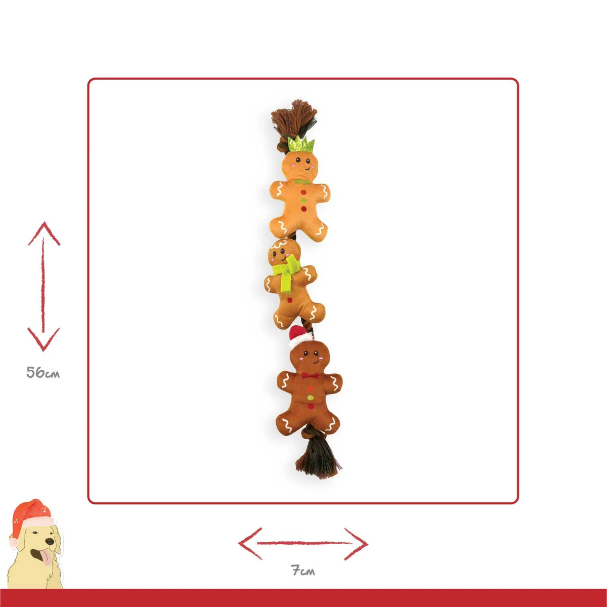 Happy Pet String of Gingerbread Christmas rope dog toy with plush figures
