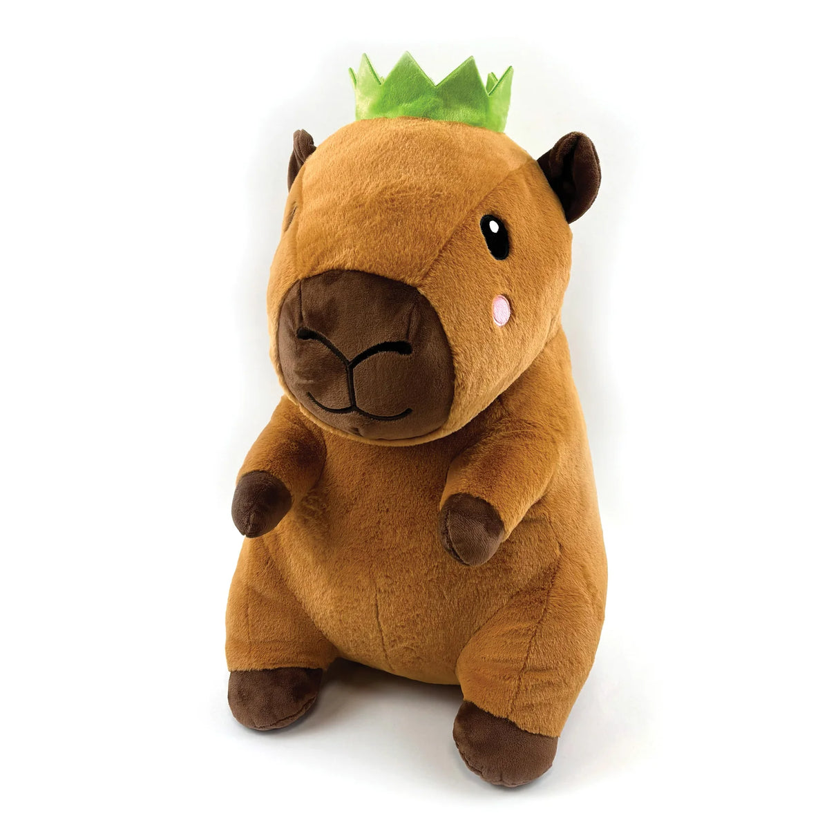 Happy Pet Corby Capybara plush Christmas dog toy wearing green paper crown