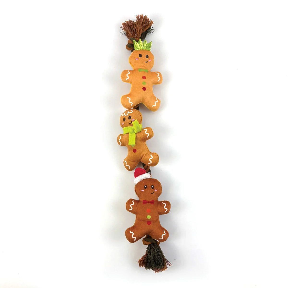 Happy Pet String of Gingerbread Christmas rope dog toy with plush figures