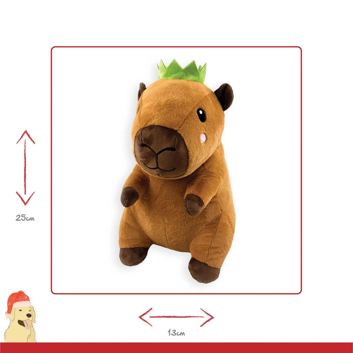 Happy Pet Corby Capybara plush Christmas dog toy wearing green paper crown