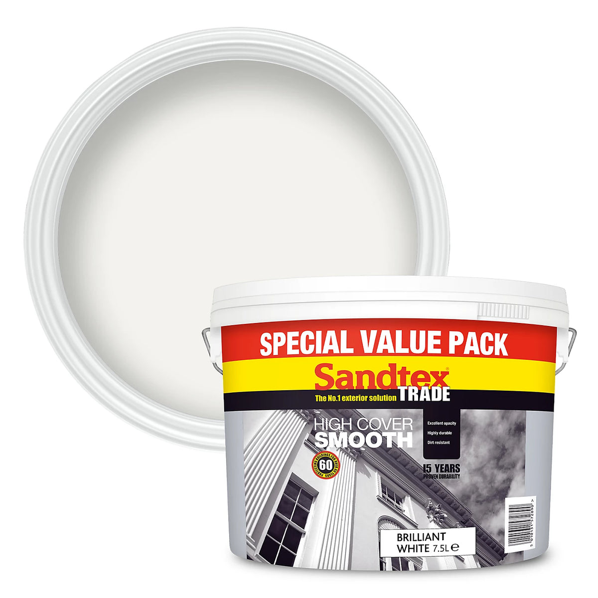 Sandtex Trade Highcover Smooth Masonry Paint 7.5L tin in Brilliant White