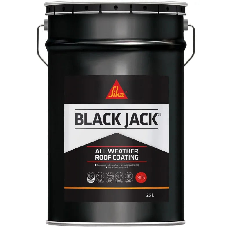 Sika Black Jack 901 Black Bitumen Paint 25 litre drum for waterproofing exterior metal, roofing felt, and concrete.