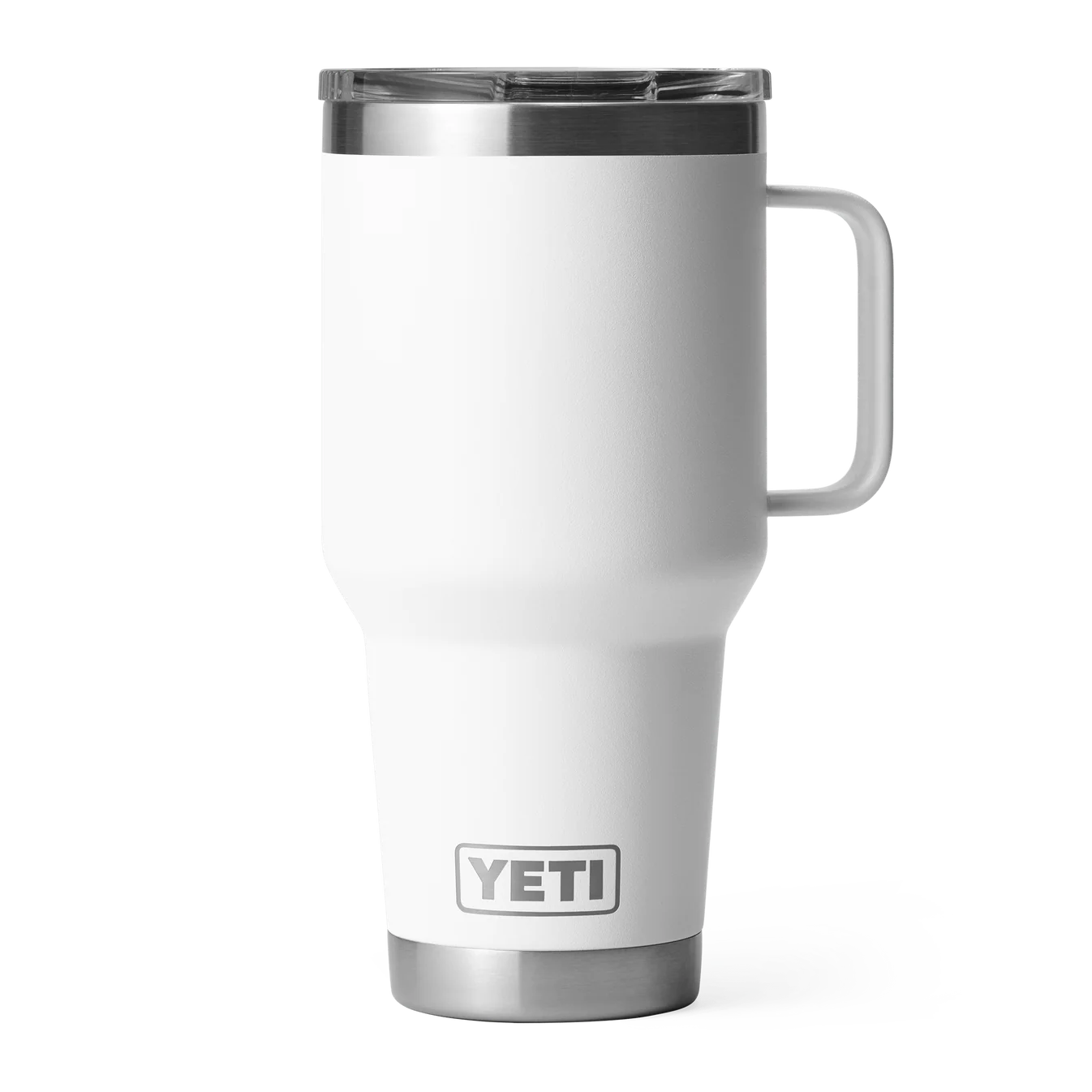 White YETI Rambler 30 oz travel mug with an elevated handle, stainless steel trim, and clear leak-resistant Stronghold lid.