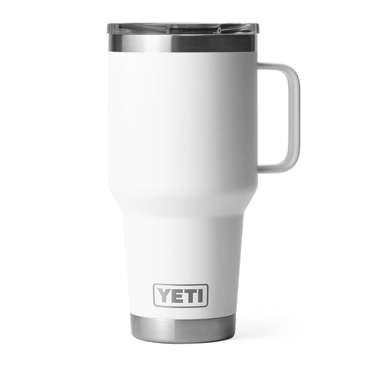 White YETI Rambler 30 oz travel mug with an elevated handle, stainless steel trim, and clear leak-resistant Stronghold lid.