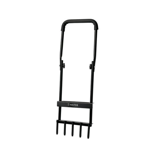 Hayter hollow tine aerator with 5 steel tines and folding handle for lawn care
