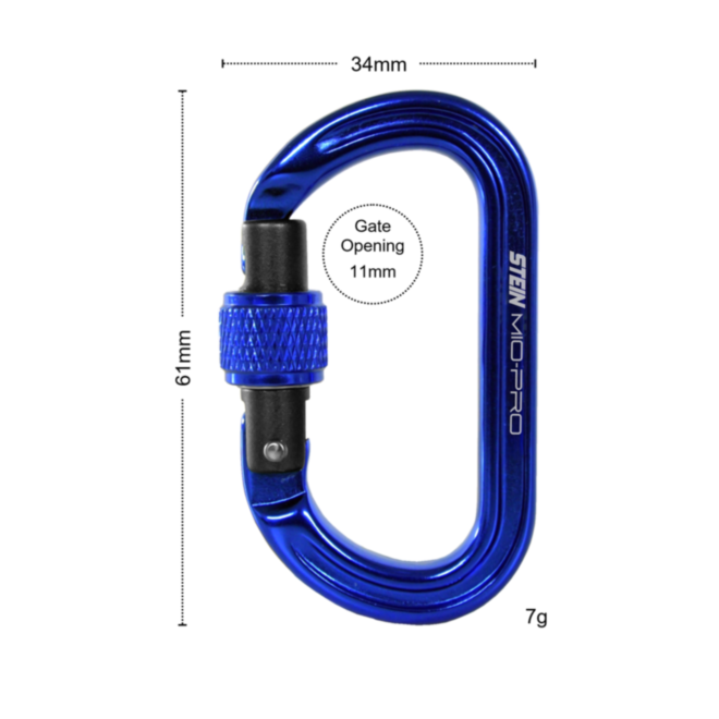 STEIN MIO-Pro Mini-O S-Lock compact oval screwgate carabiners in a 3 pack showing keylock nose and aluminium body