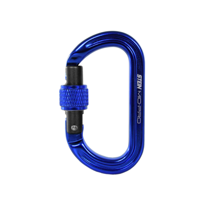 STEIN MIO-Pro Mini-O S-Lock compact oval screwgate carabiners in a 3 pack showing keylock nose and aluminium body
