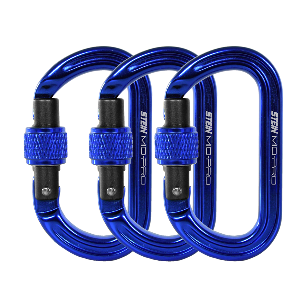 STEIN MIO-Pro Mini-O S-Lock compact oval screwgate carabiners in a 3 pack showing keylock nose and aluminium body