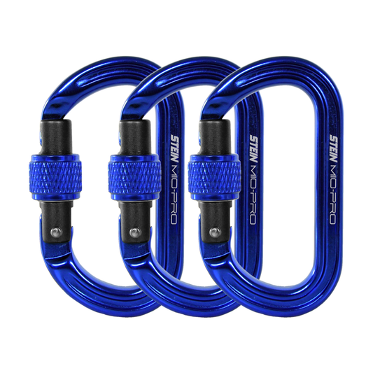 STEIN MIO-Pro Mini-O S-Lock compact oval screwgate carabiners in a 3 pack showing keylock nose and aluminium body