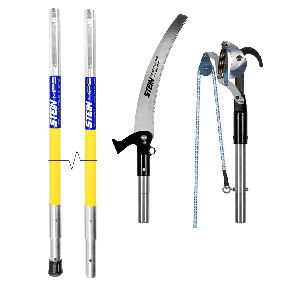 STEIN MPS 3.6m modular fibreglass pole pruning kit featuring single action lopper and curved saw attachment