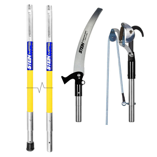 STEIN MPS 3.6m modular fibreglass pole pruning kit featuring single action lopper and curved saw attachment