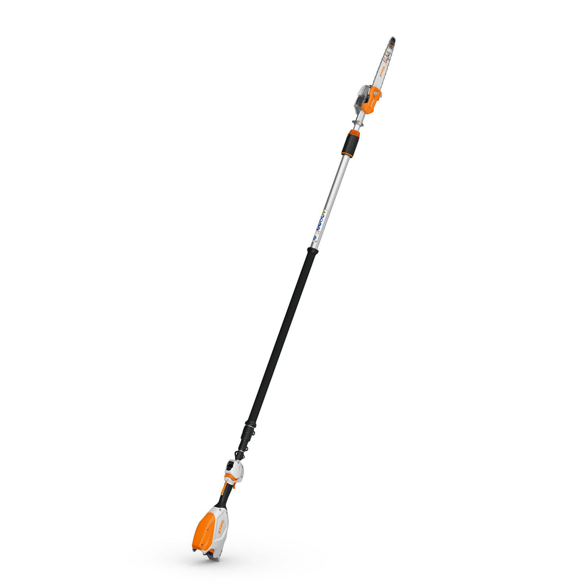 STIHL HTA 110 cordless telescopic pole pruner cutting high branches with 30cm bar.