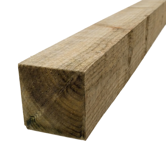 A straight 3.6m long tanalised wooden birdsmouth top rail measuring 100x100mm, designed for horizontal knee-rail fencing boundaries