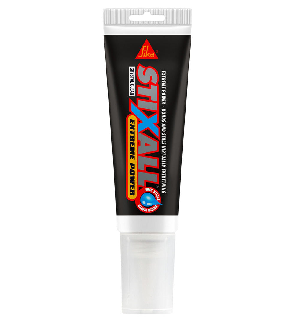 Sika Stixall Crystal Clear adhesive and sealant cartridge for bonding wood, glass, and metal surfaces.