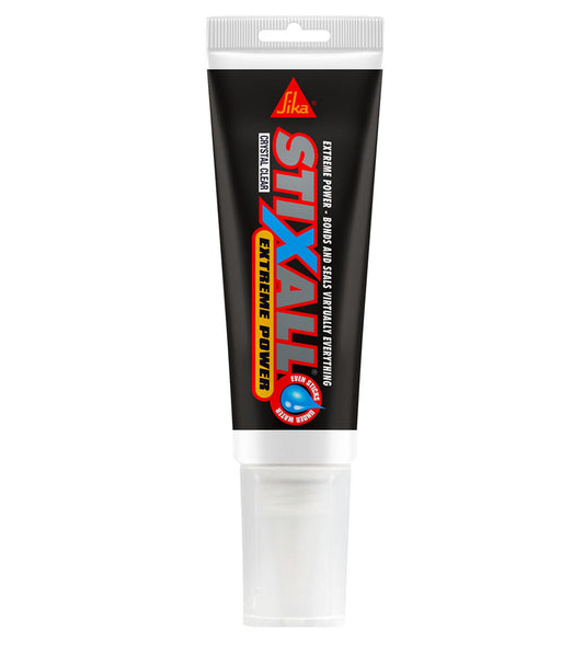 Sika Stixall Crystal Clear adhesive and sealant cartridge for bonding wood, glass, and metal surfaces.