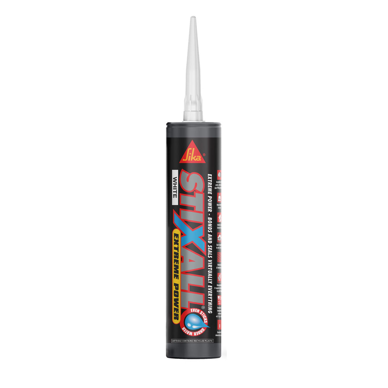 Sika Stixall White building adhesive and sealant 290ml cartridge for bonding wood, metal, and plastic surfaces.