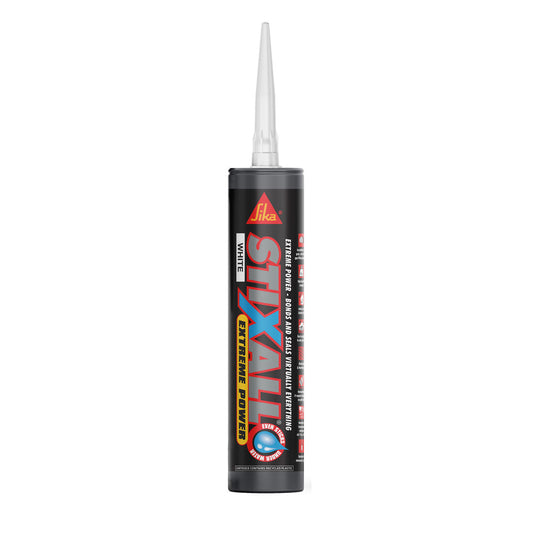 Sika Stixall White building adhesive and sealant 290ml cartridge for bonding wood, metal, and plastic surfaces.