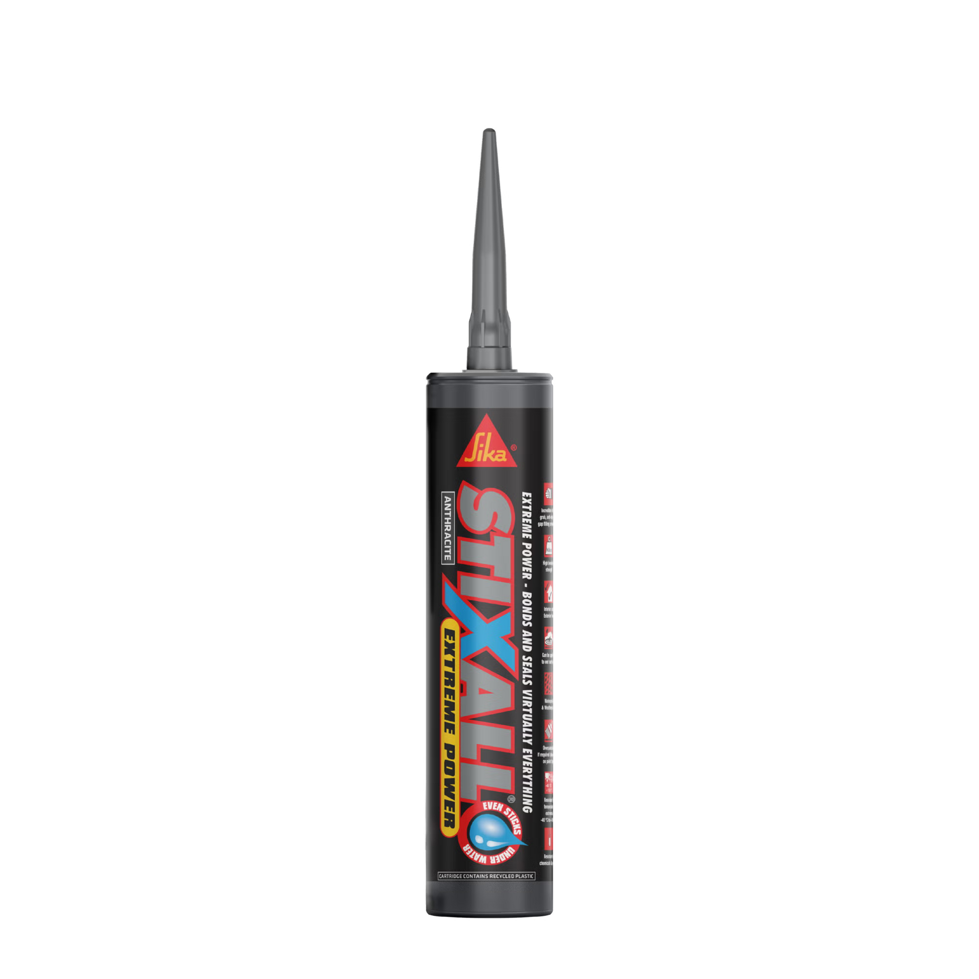 Sika Stixall building adhesive and sealant cartridge for bonding wood, metal, and glass surfaces.