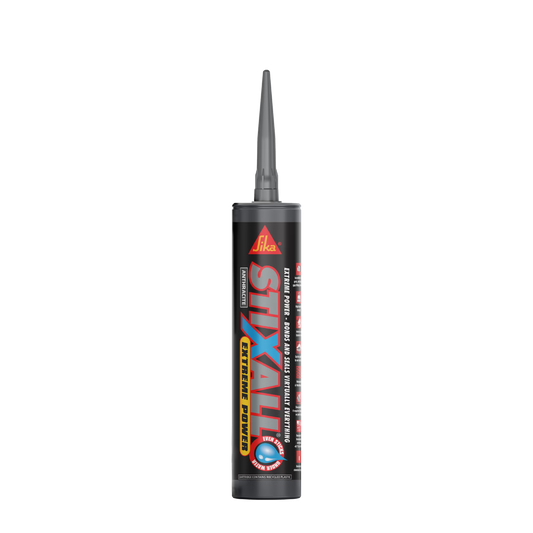 Sika Stixall building adhesive and sealant cartridge for bonding wood, metal, and glass surfaces.