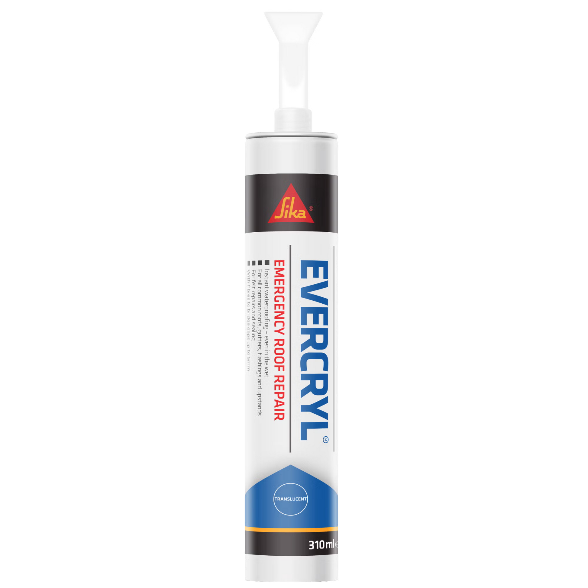 Sika Evercryl Emergency Roof Repair 310ml translucent cartridge for instant wet weather leak sealing.