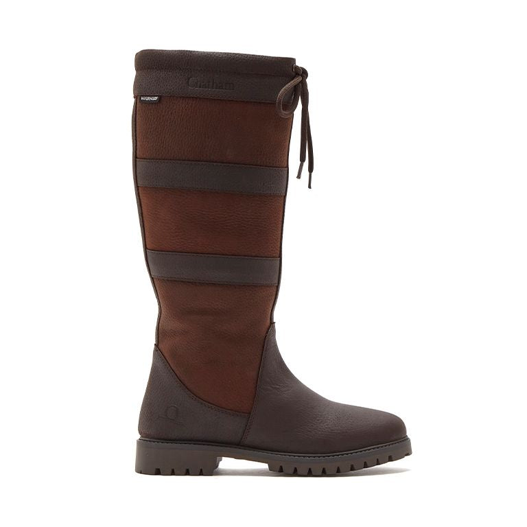 Chatham Kempton women's dark brown waterproof leather and nubuck knee-high boots with lace detailing and heavy-duty rubber soles.