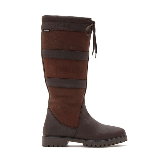 Chatham Kempton women's dark brown waterproof leather and nubuck knee-high boots with lace detailing and heavy-duty rubber soles.