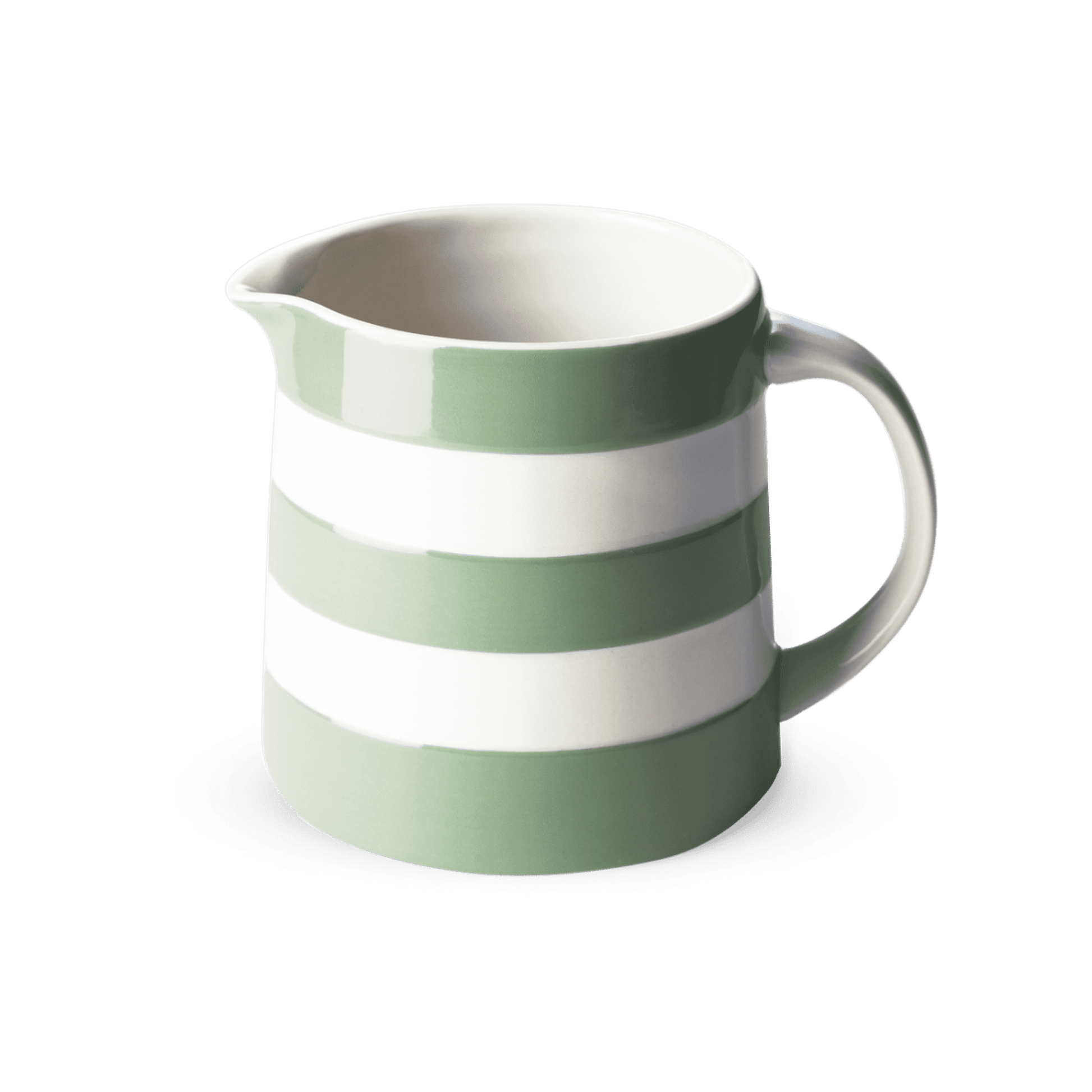 Cornishware Willow Green and white striped 20oz Dreadnought Jug showing the handle and pouring spout.