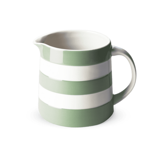 Cornishware Willow Green and white striped 20oz Dreadnought Jug showing the handle and pouring spout.