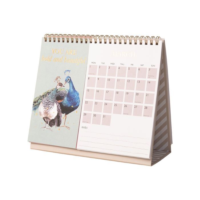 Wrendale Designs 2027 freestanding desk calendar showing animal illustrations and gold foil details