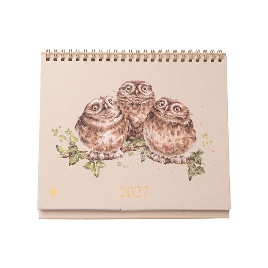 Wrendale Designs 2027 freestanding desk calendar showing animal illustrations and gold foil details