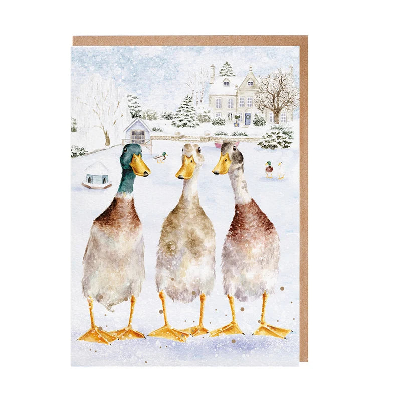 Wrendale Designs Christmas On The Pond notecard pack of 8 showing three runner ducks on a snowy village pond with kraft envelope