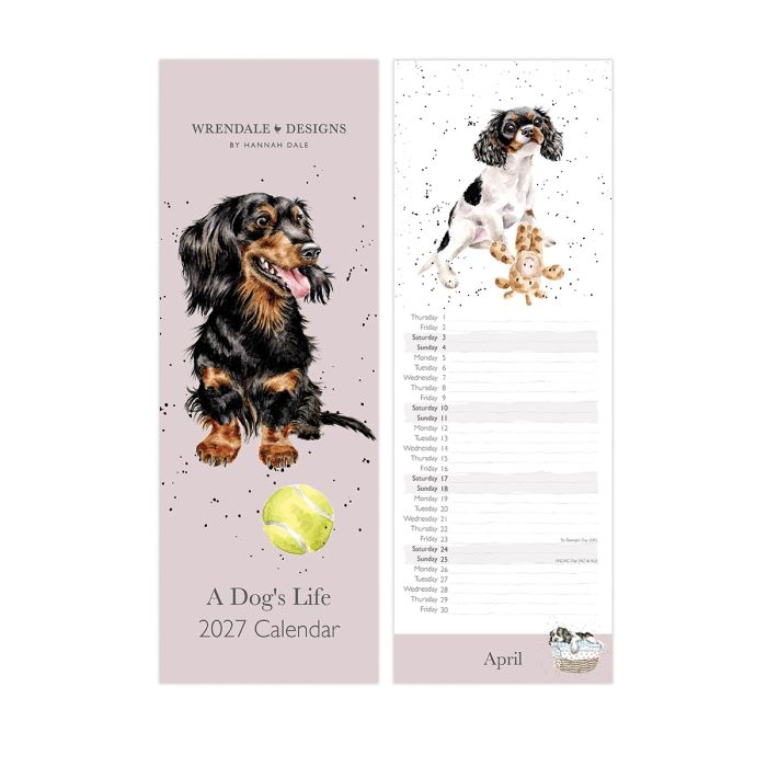 Wrendale Designs A Dog's Life 2027 slim calendar showing dog illustrations and monthly layout