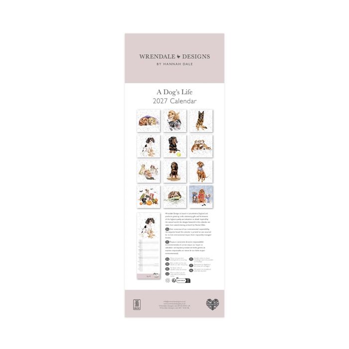 Wrendale Designs A Dog's Life 2027 slim calendar showing dog illustrations and monthly layout