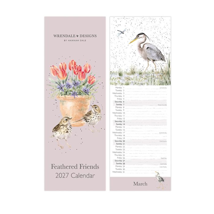 Wrendale Designs Feathered Friends 2027 slim calendar showing bird illustrations and monthly layout
