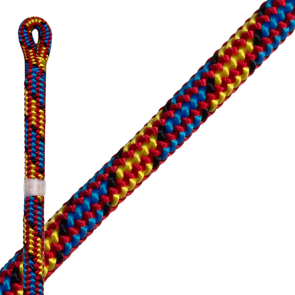 STEIN XTC Blue Tongue 11.7mm 24-strand spliced arborist climbing rope showing high-visibility blue and yellow jacket with spliced eye termination