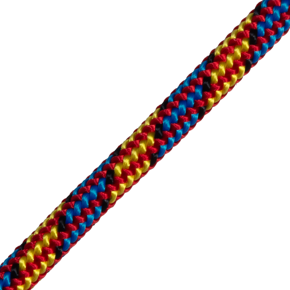 STEIN XTC Blue Tongue 11.7mm 24-strand spliced arborist climbing rope showing high-visibility blue and yellow jacket with spliced eye termination