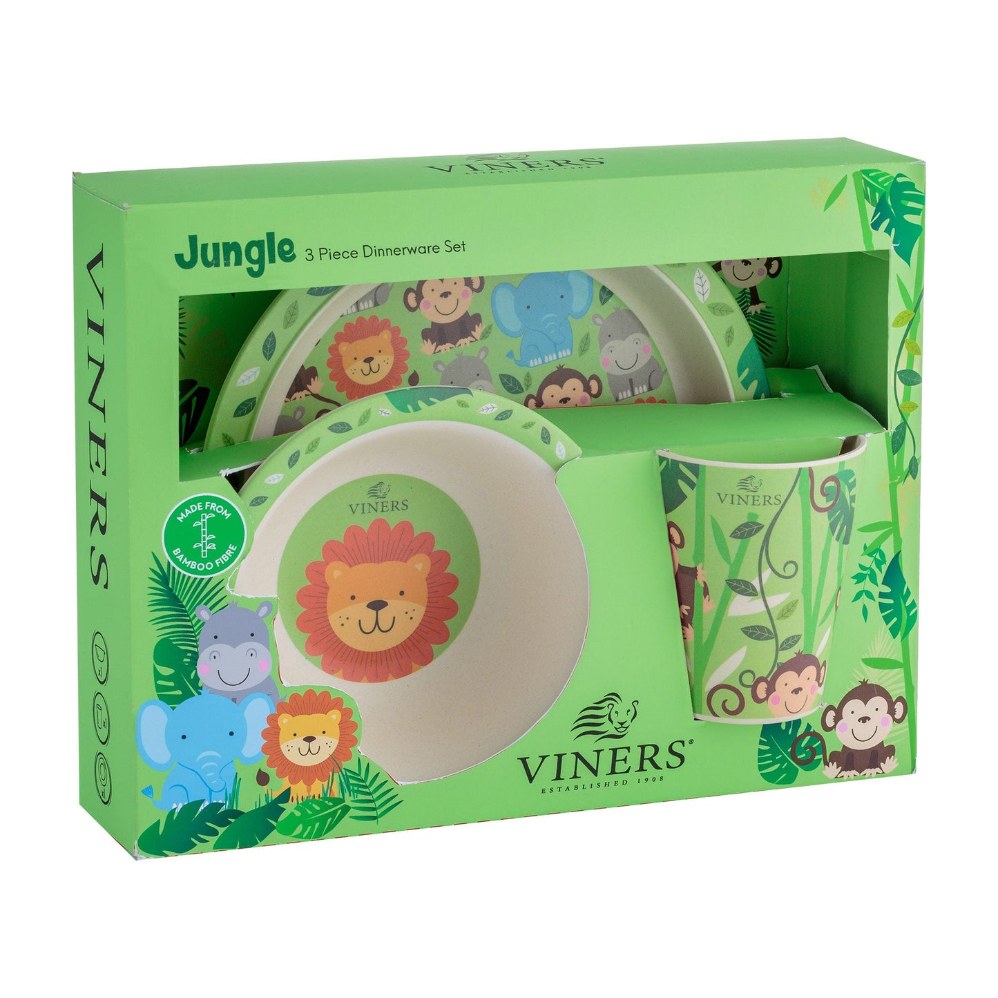 Viners Jungle 3pc Bamboo Fibre Kids Dinnerware Set