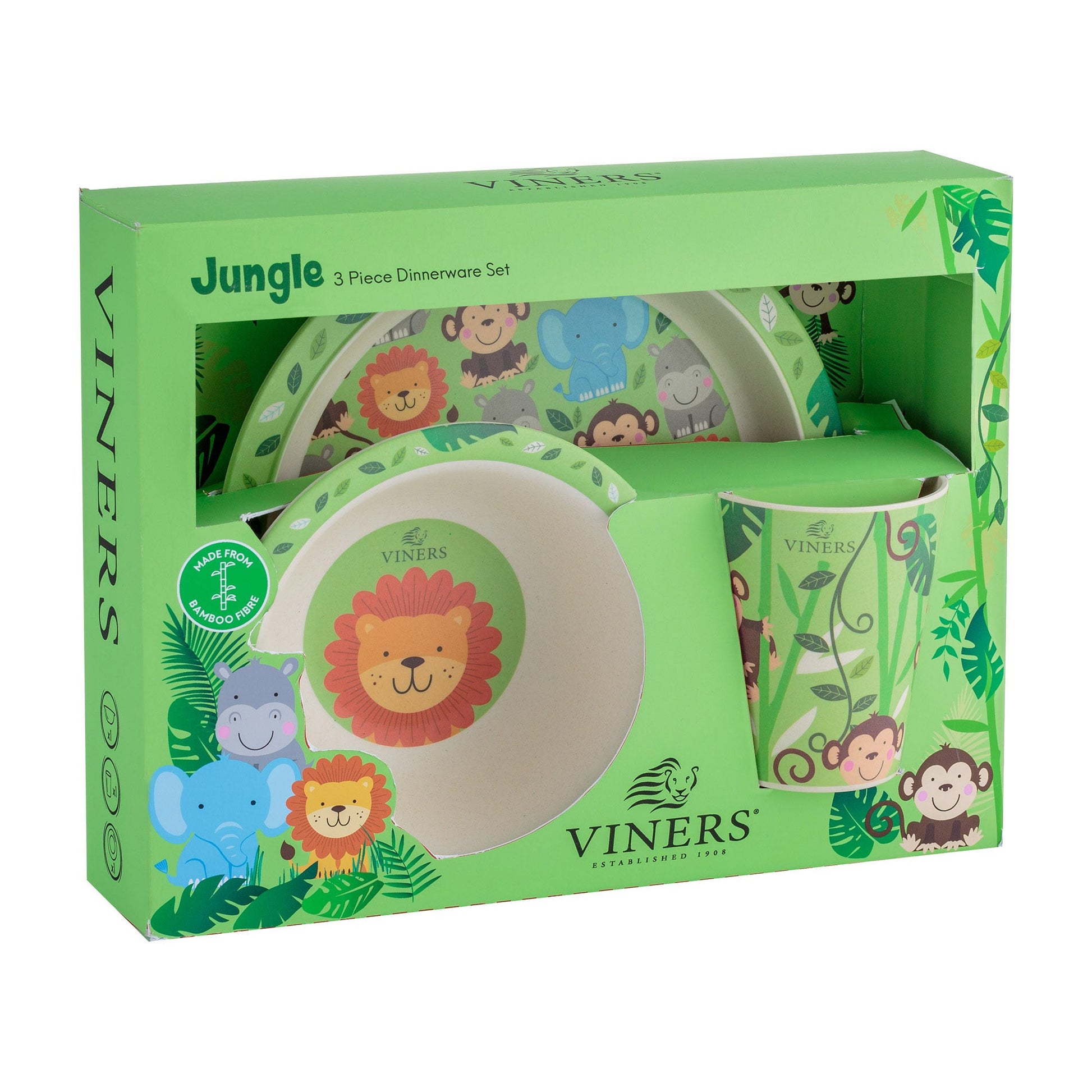 Viners Jungle 3pc Bamboo Fibre Kids Dinnerware Set
