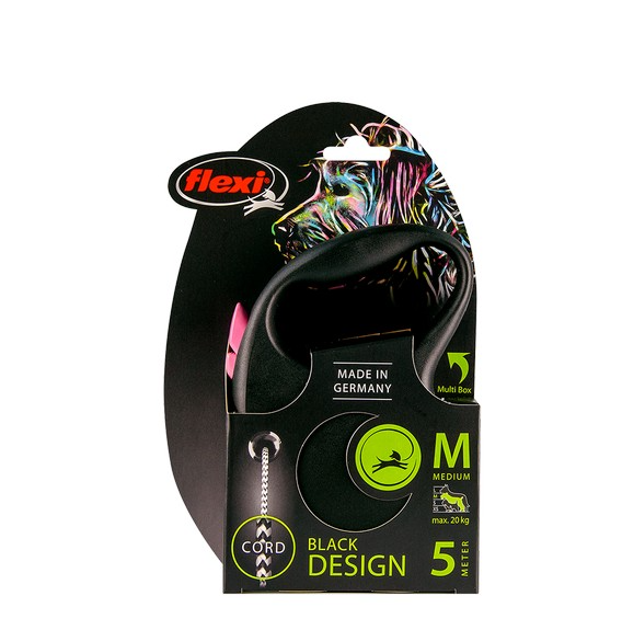 Flexi Lead Black Design Medium Cord 5m Pink