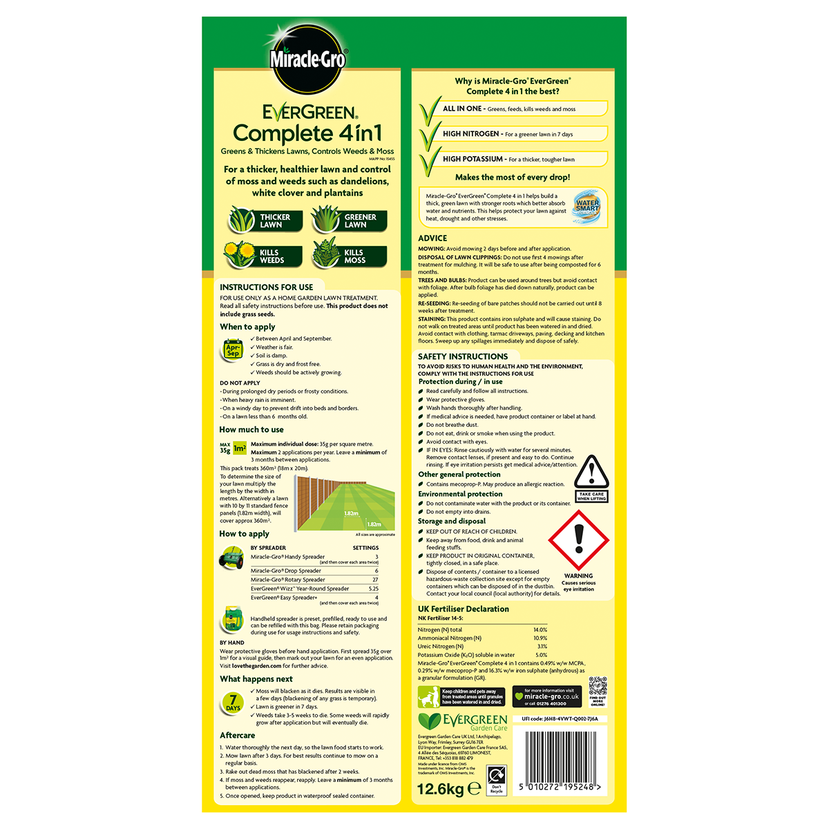 Miracle-Gro Evergreen Complete 4-in-1 12.6 kg Bag (360m²)