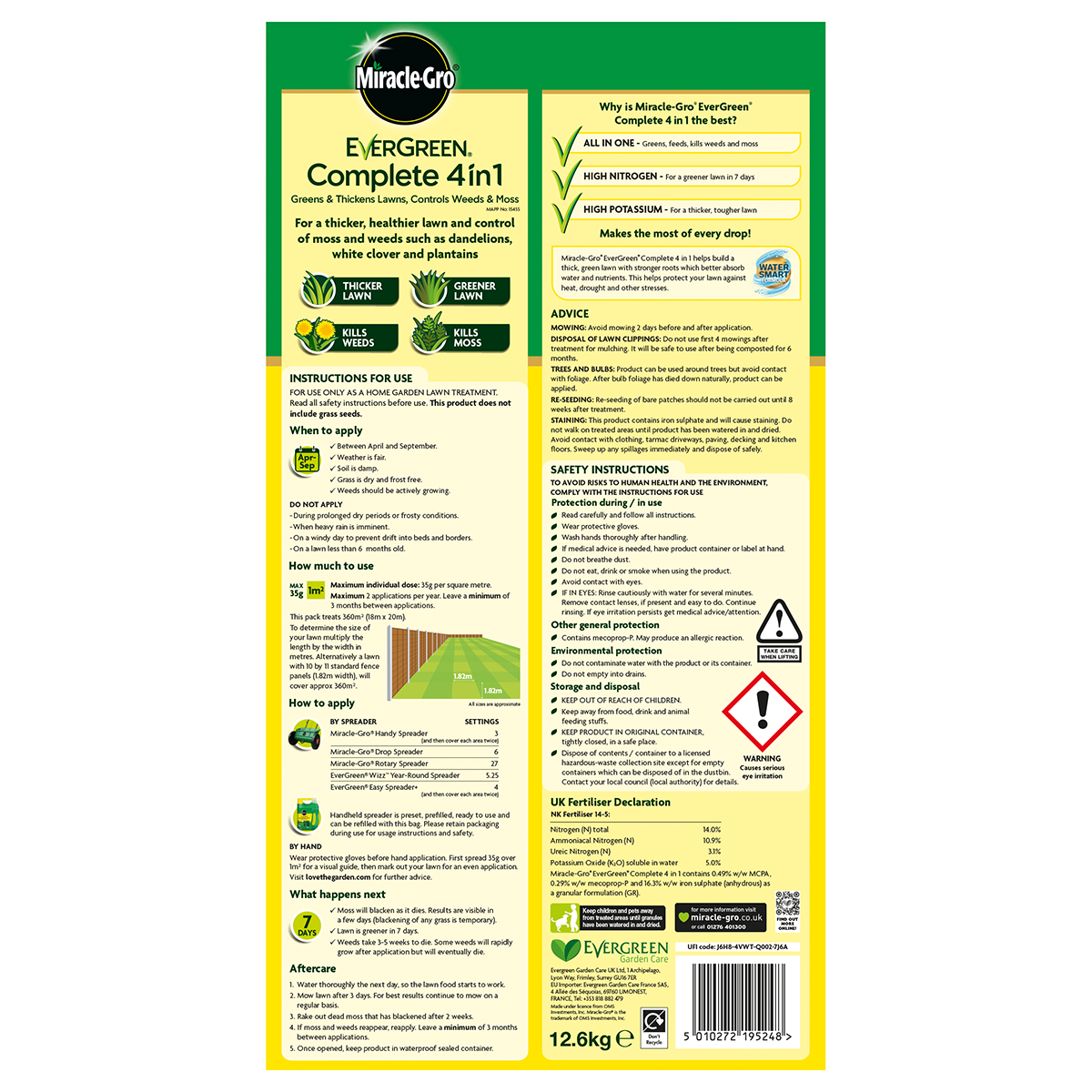 Miracle Gro Evergreen Complete 4 in 1 12.6 kg Bag 360m Sam